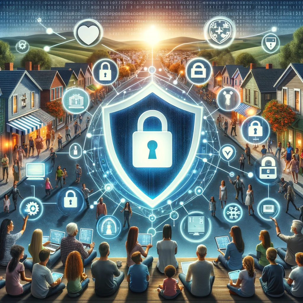 An engaging and informative digital artwork representing the concept of cybersecurity in a community setting. The image should feature a diverse group of people from a small town, including families, young adults, and seniors, gathered around a large, glowing shield symbolizing cybersecurity protection. The shield casts a protective glow over the group, representing their collective effort to safeguard their digital lives. Various digital devices like smartphones, laptops, and tablets are visible, with secure lock icons on their screens, highlighting the importance of strong passwords and cybersecurity measures. The background shows a quaint town with homes and local businesses, subtly incorporating elements of digital binary code to represent the digital world. This artwork should evoke a sense of unity, vigilance, and empowerment in facing cyber threats together.